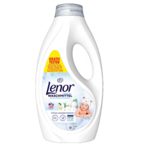 Lenor SENSITIV течен перилен препарат, 900 мл – 20 пранета Lenor SENSITIV течен перилен препарат 900 мл за 20 пранета. Подходящ за бяло и цветно пране, с деликатен аромат на памуков цвят и тиаре. Дерматологично тестван.