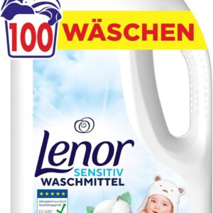 Lenor Sensitive 4,5 л – концентриран течен препарат за машинно пране, дерматологично тестван, без оцветители и подходящ за чувствителна кожа.