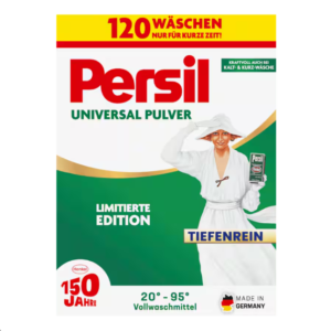 Немски прах за пране Persil Universal Tiefenrein – 6,6 кг, 120 пранета. Ефективно премахва упорити петна, осигурява дълбока чистота и дълготрайна свежест. Подходящ за бели и светли тъкани. Действа при температури от 20°C до 95°C. Лимитирана серия по случай 150 години Henkel. Произведен в Германия.